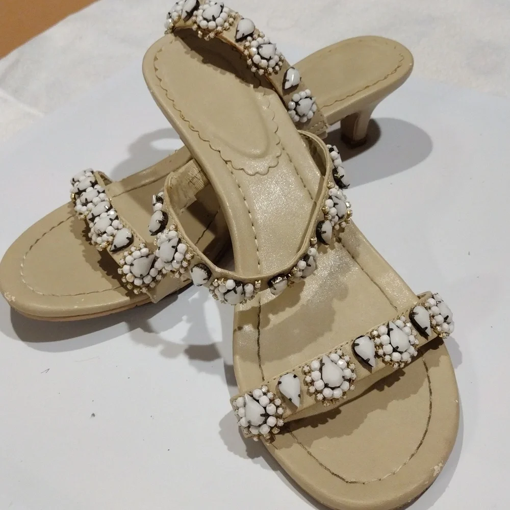 2 For 8 Dollar Sale Chic And Stylish,Beige 2 in heel embossed With Stone Sandal - Picture 2 of 6